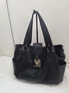 Michael Kors Black Leather Shoulder Bag Multi Pocket Tote Gold Hardware